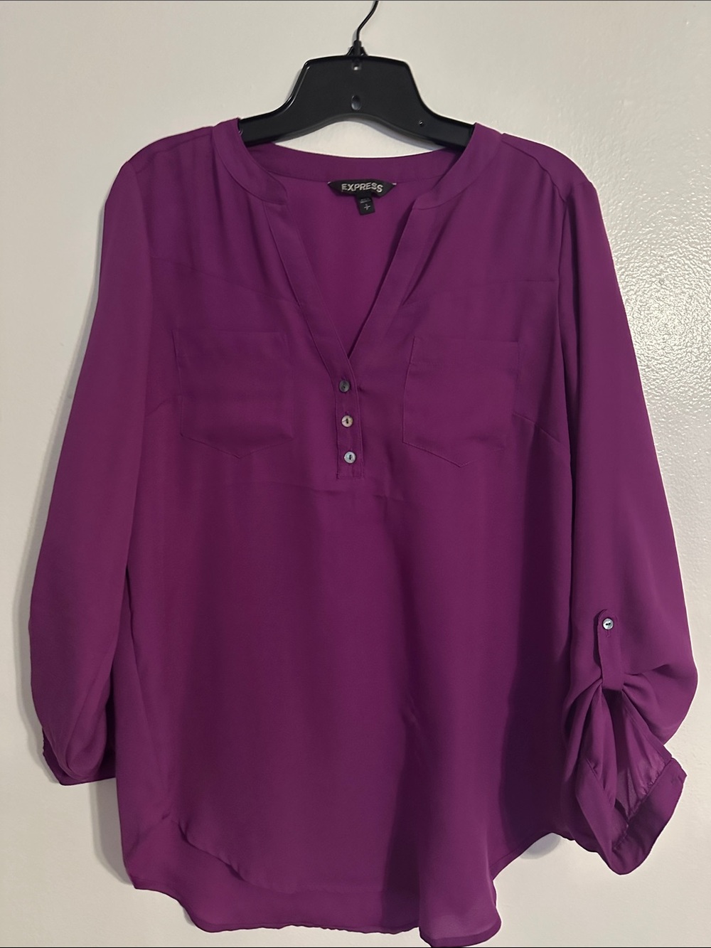 Express Purple Split V-Neck Button Pullover Blouse